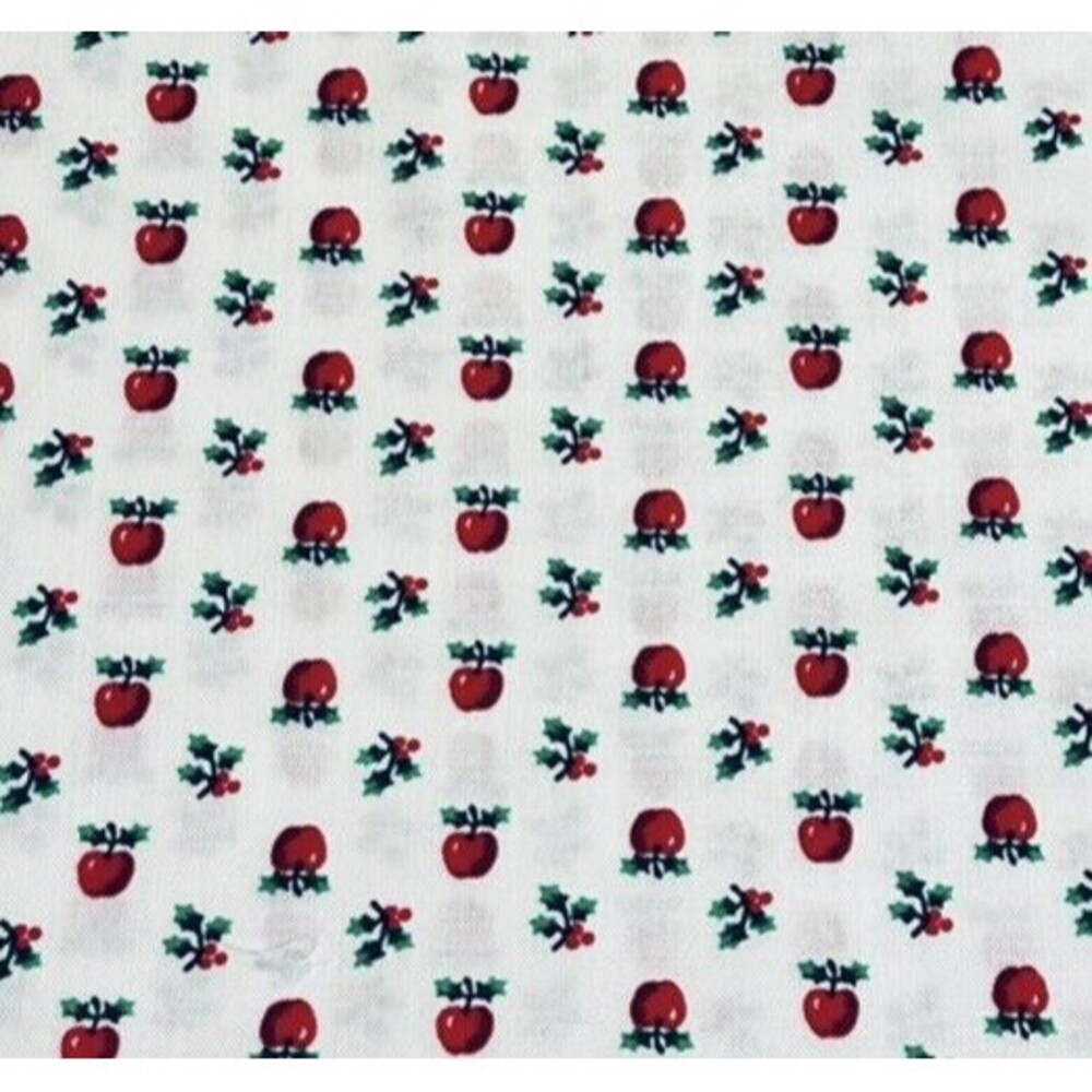 Apples Holly & Ivy Print Christmas Vintage Christmas Fabric White 27" x43"